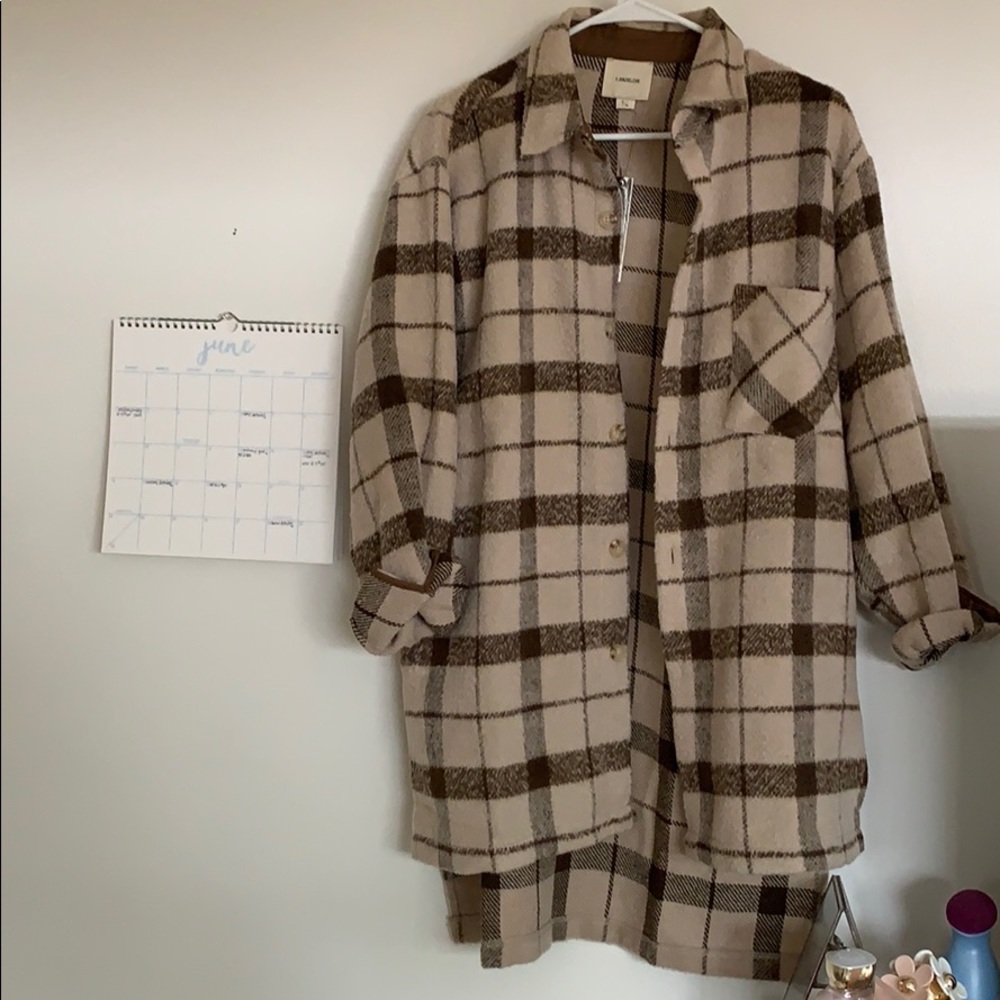 i.madeline brown tan plaid oversized shirt jacket